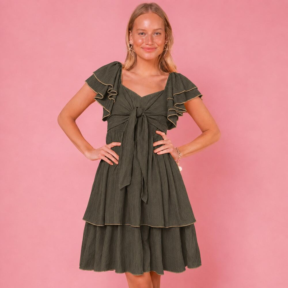 Ivy City Co Sonny Tie Knot Front Tiered Ruffle Sleeve Mini Dress Green Size XS